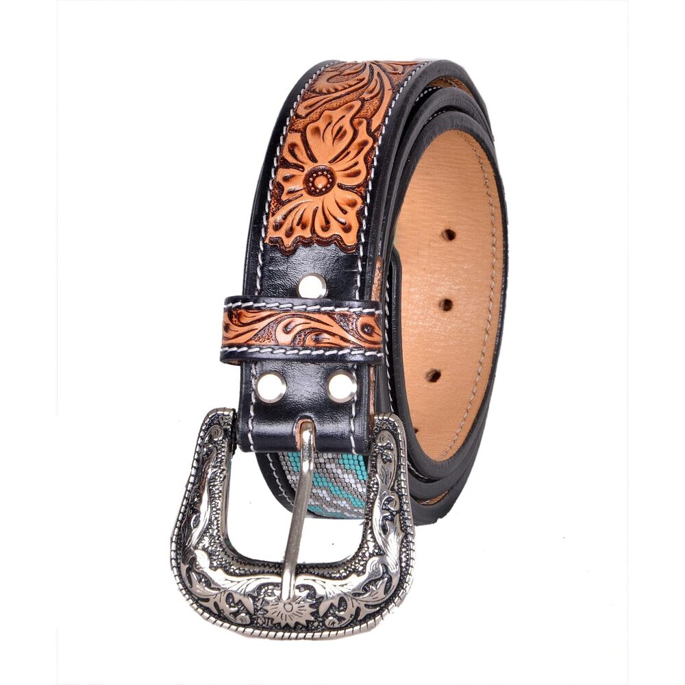 4523 Western Tooled Leather Beaded Belt For Men And Women - Picture 5 of 6